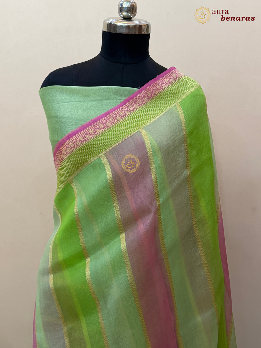 Parrot Green Kora Silk Saree with Golden Zari Stripe & Rangkaat