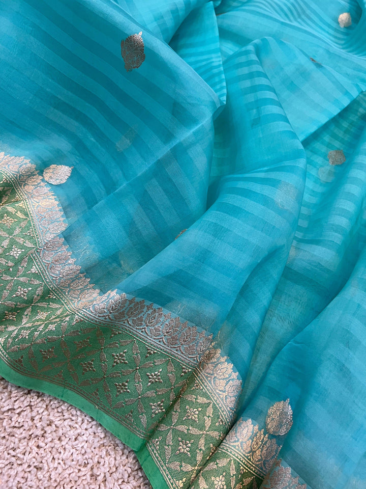 Aqua Blue Banarasi Handloom Kora Silk Saree - Aura Benaras