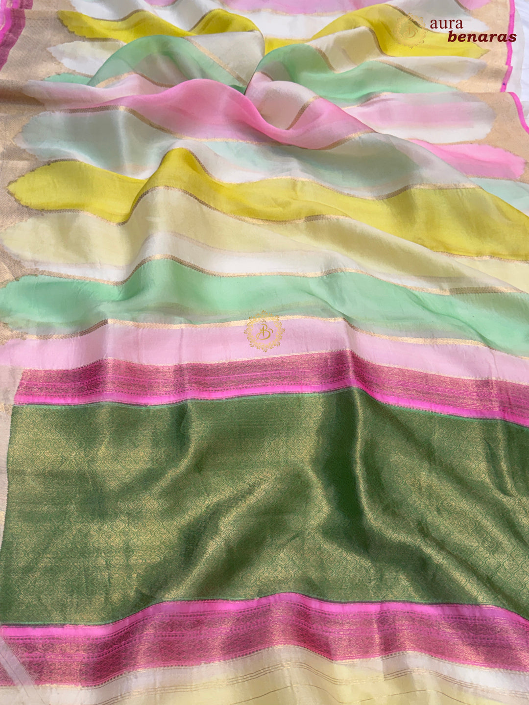 White Kora Silk Saree with Golden Zari Stripe & Rangkaat