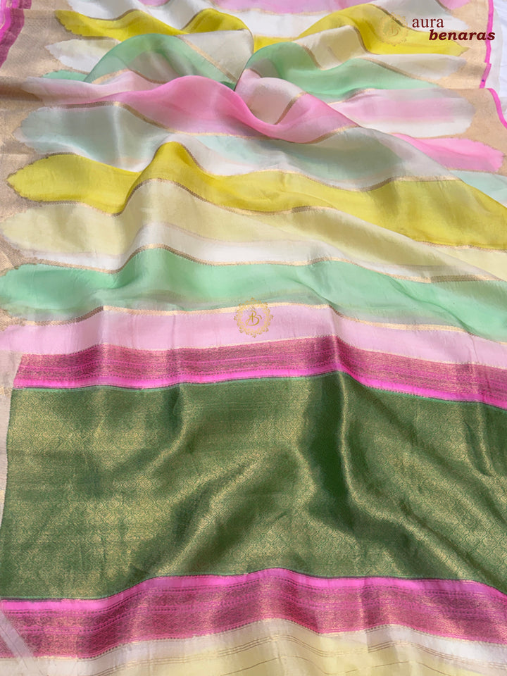 White Kora Silk Saree with Golden Zari Stripe & Rangkaat