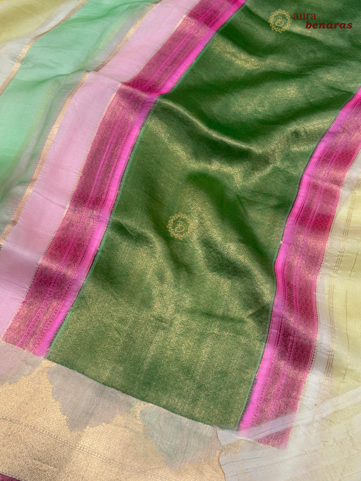White Kora Silk Saree with Golden Zari Stripe & Rangkaat