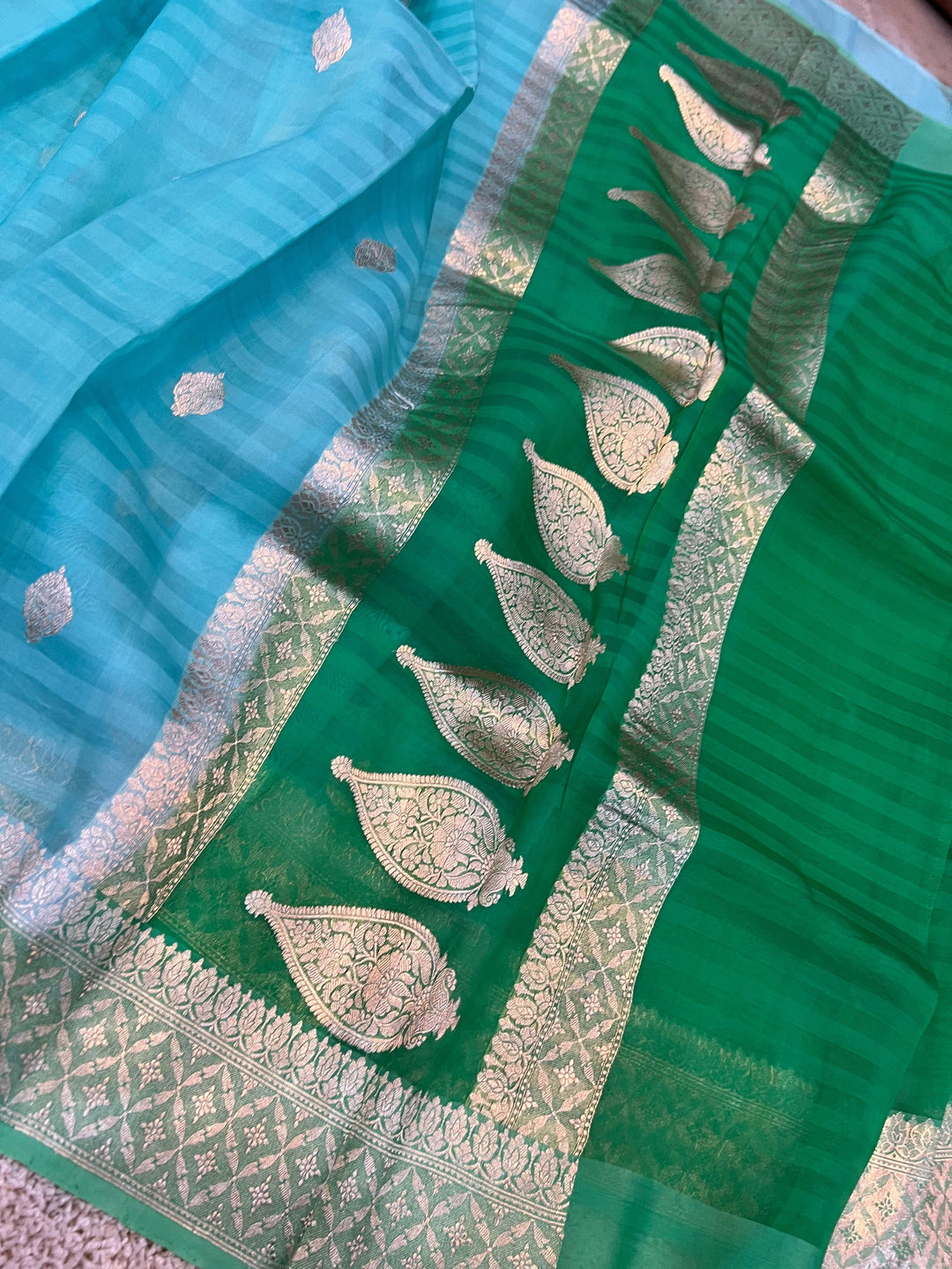 Aqua Blue Banarasi Handloom Kora Silk Saree - Aura Benaras