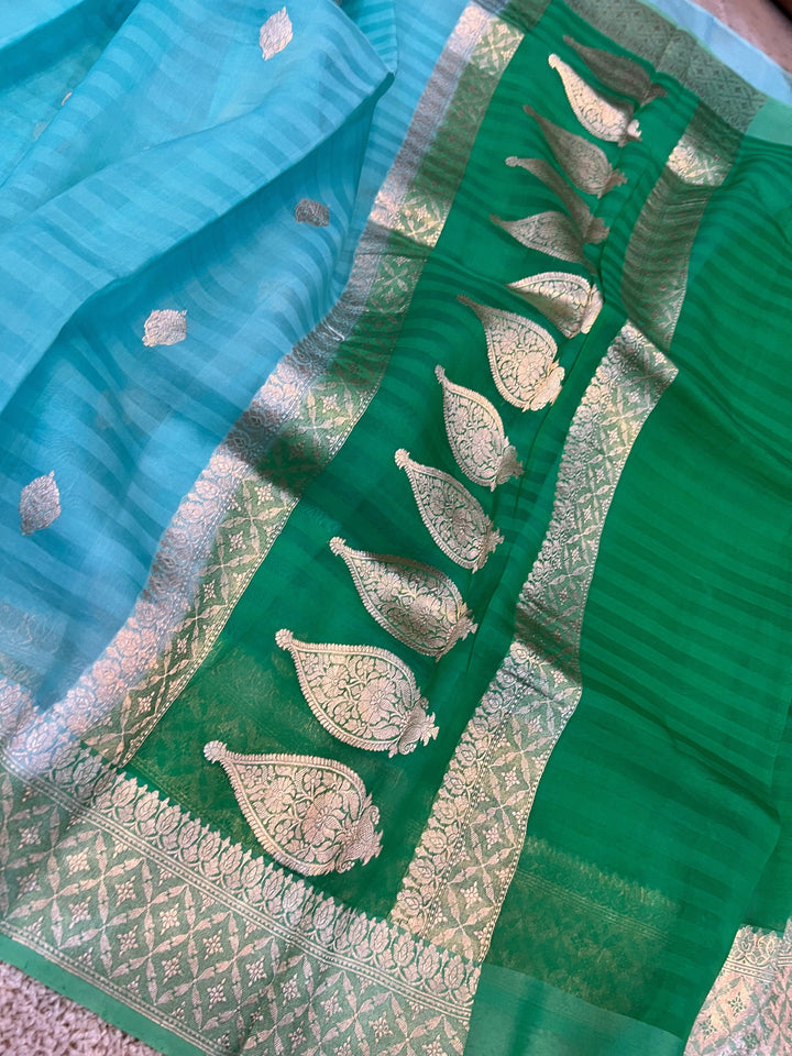 Aqua Blue Banarasi Handloom Kora Silk Saree - Aura Benaras