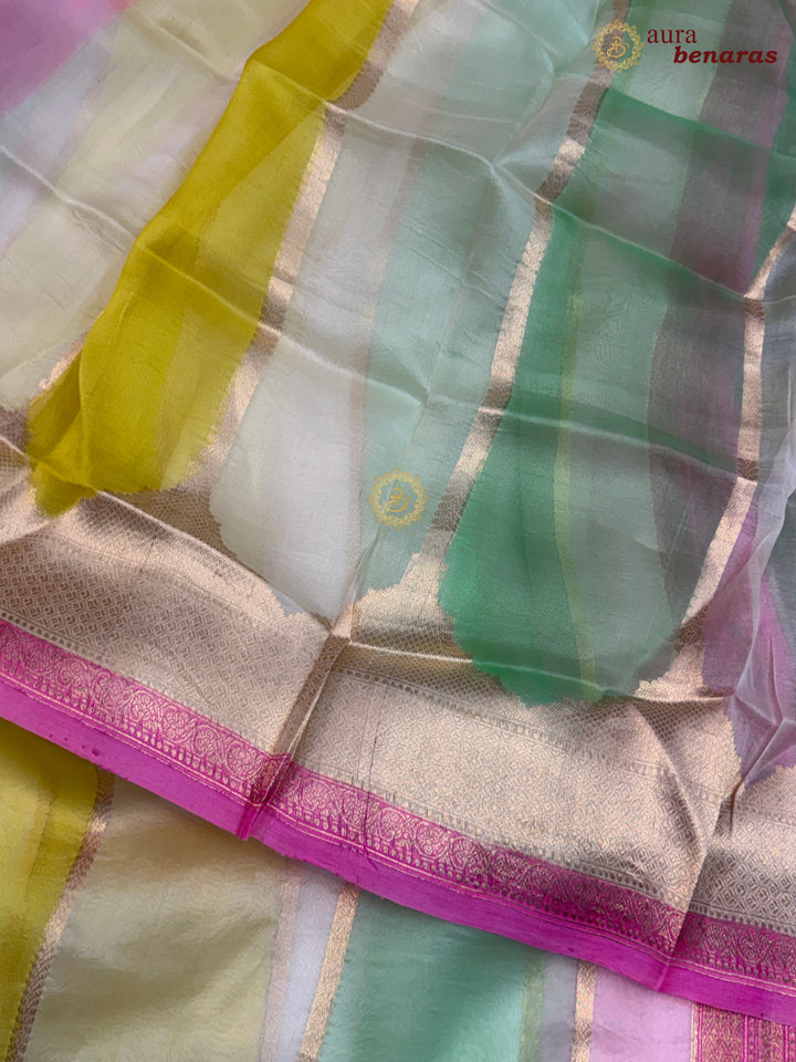 White Kora Silk Saree with Golden Zari Stripe & Rangkaat