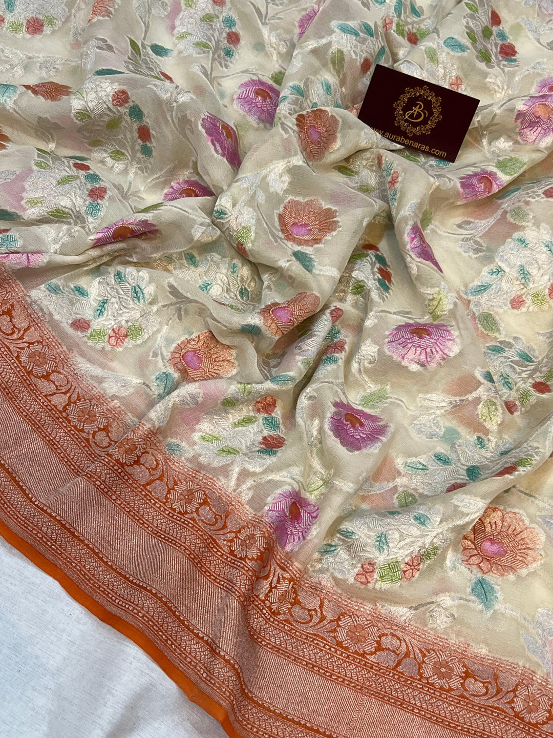 Off White Rangkaat Banarasi Khaddi Georgette Saree - Aura Benaras