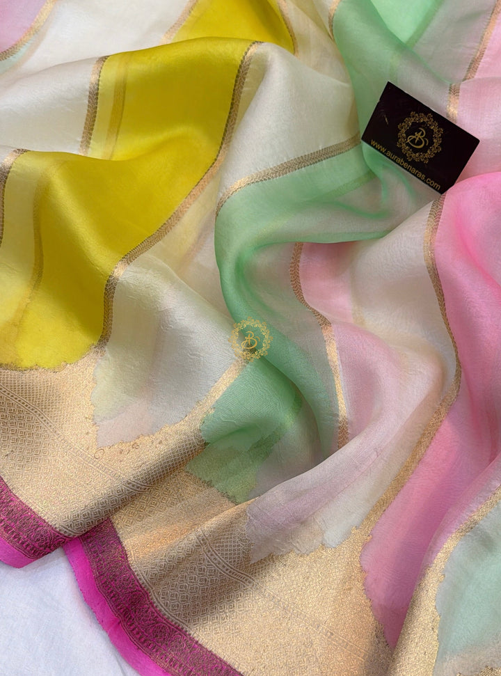 White Kora Silk Saree with Golden Zari Stripe & Rangkaat