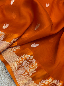 Orange Banarasi Handloom Kora Silk Saree - Aura Benaras