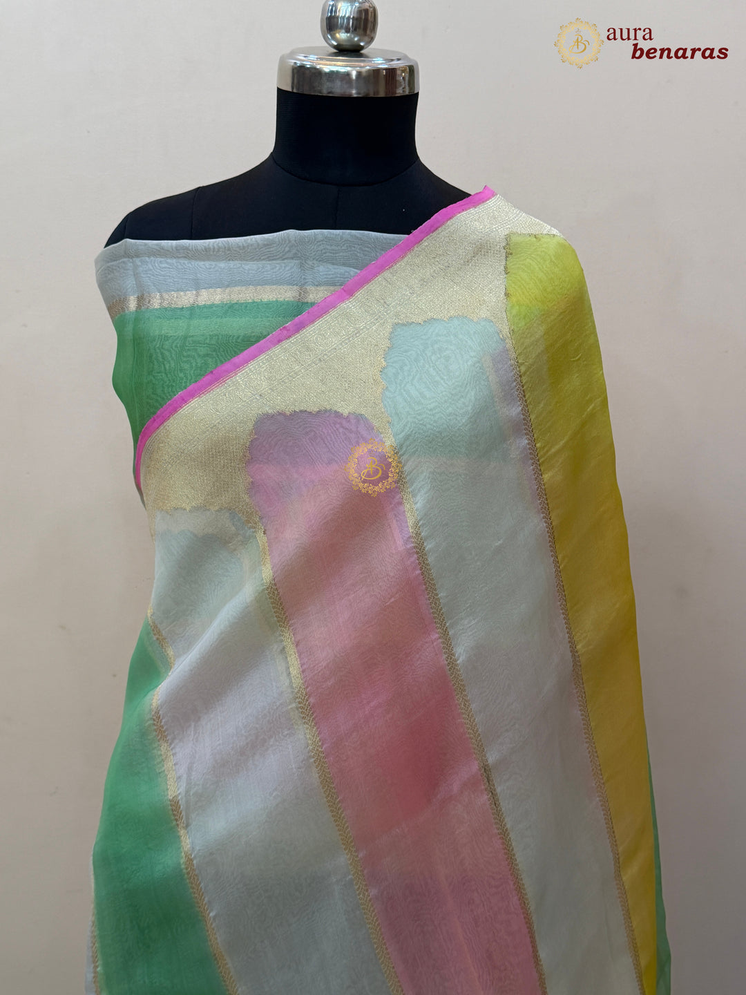 White Kora Silk Saree with Golden Zari Stripe & Rangkaat