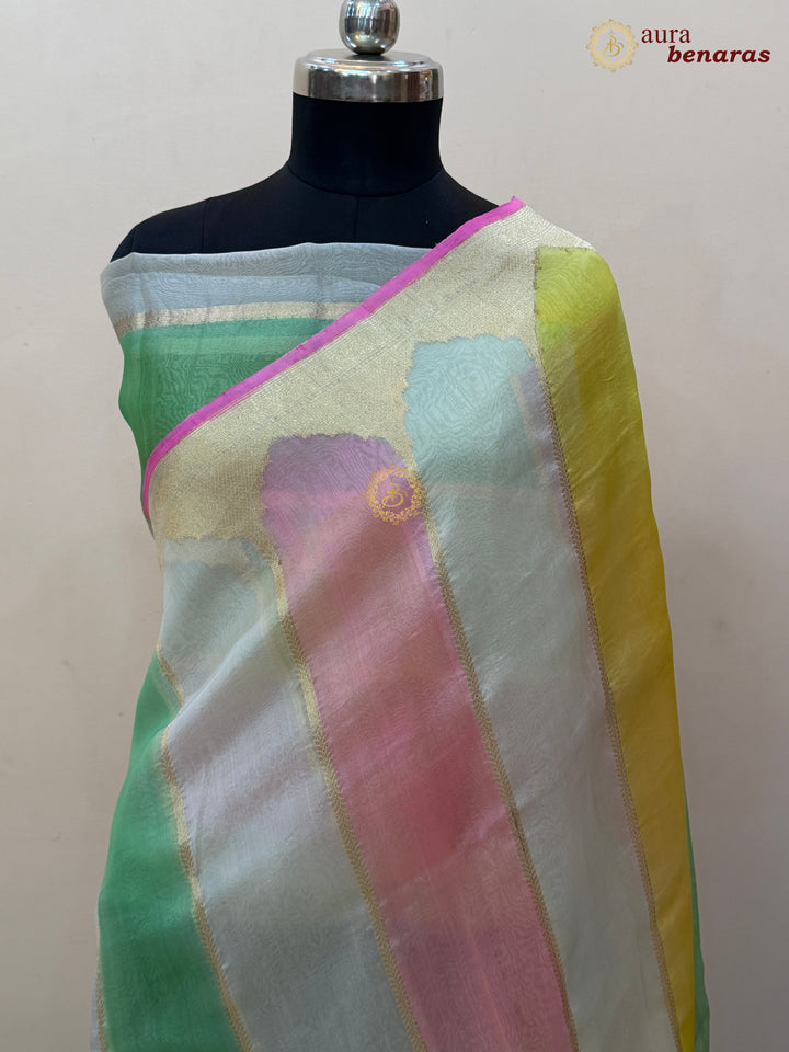 White Kora Silk Saree with Golden Zari Stripe & Rangkaat
