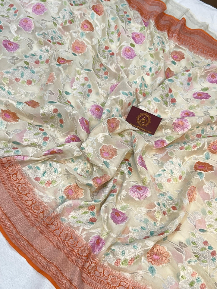 Off White Rangkaat Banarasi Khaddi Georgette Saree - Aura Benaras