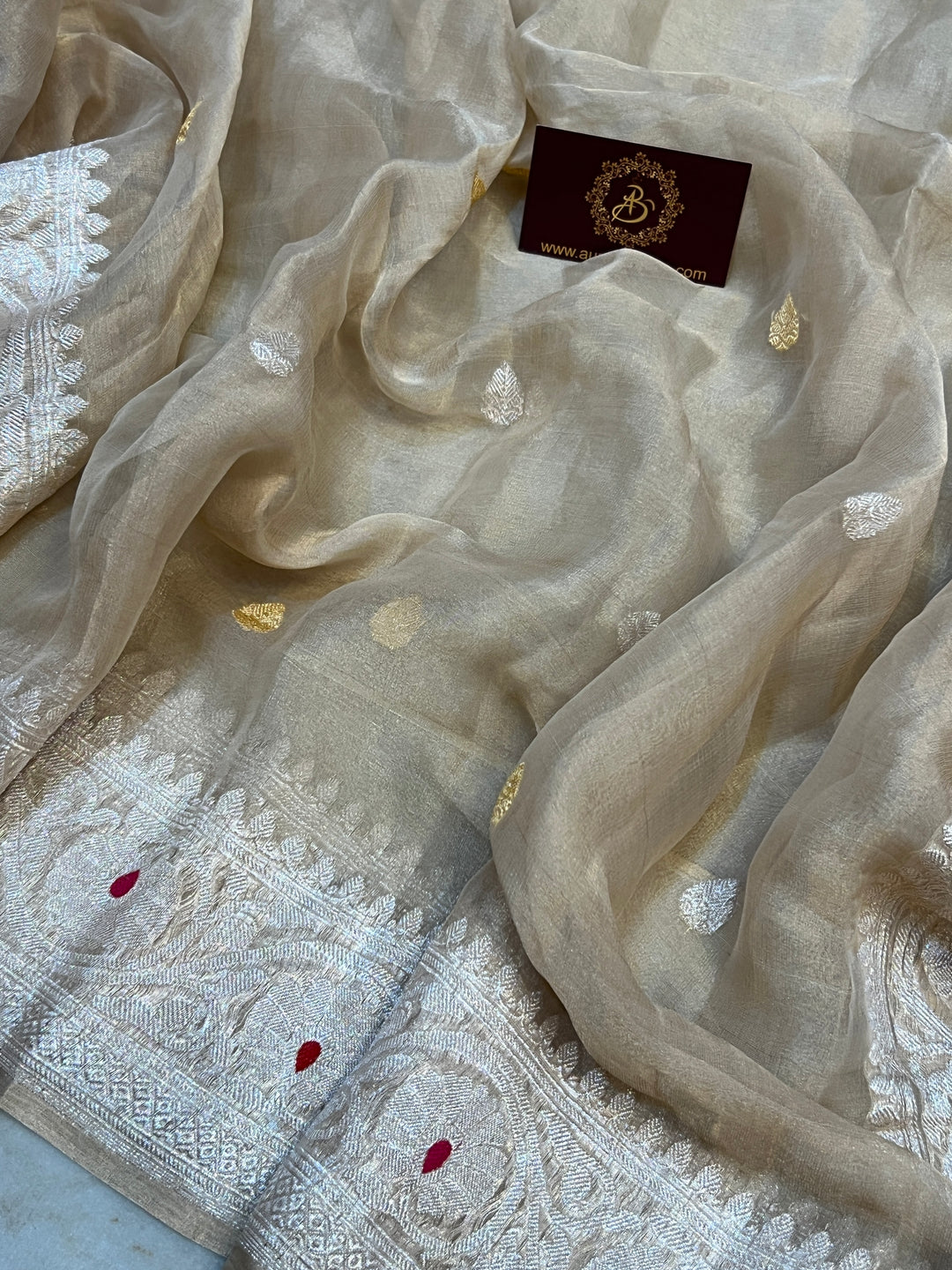 Beige Chiffon Tissue Silk Banarasi Saree with Sona Rupa