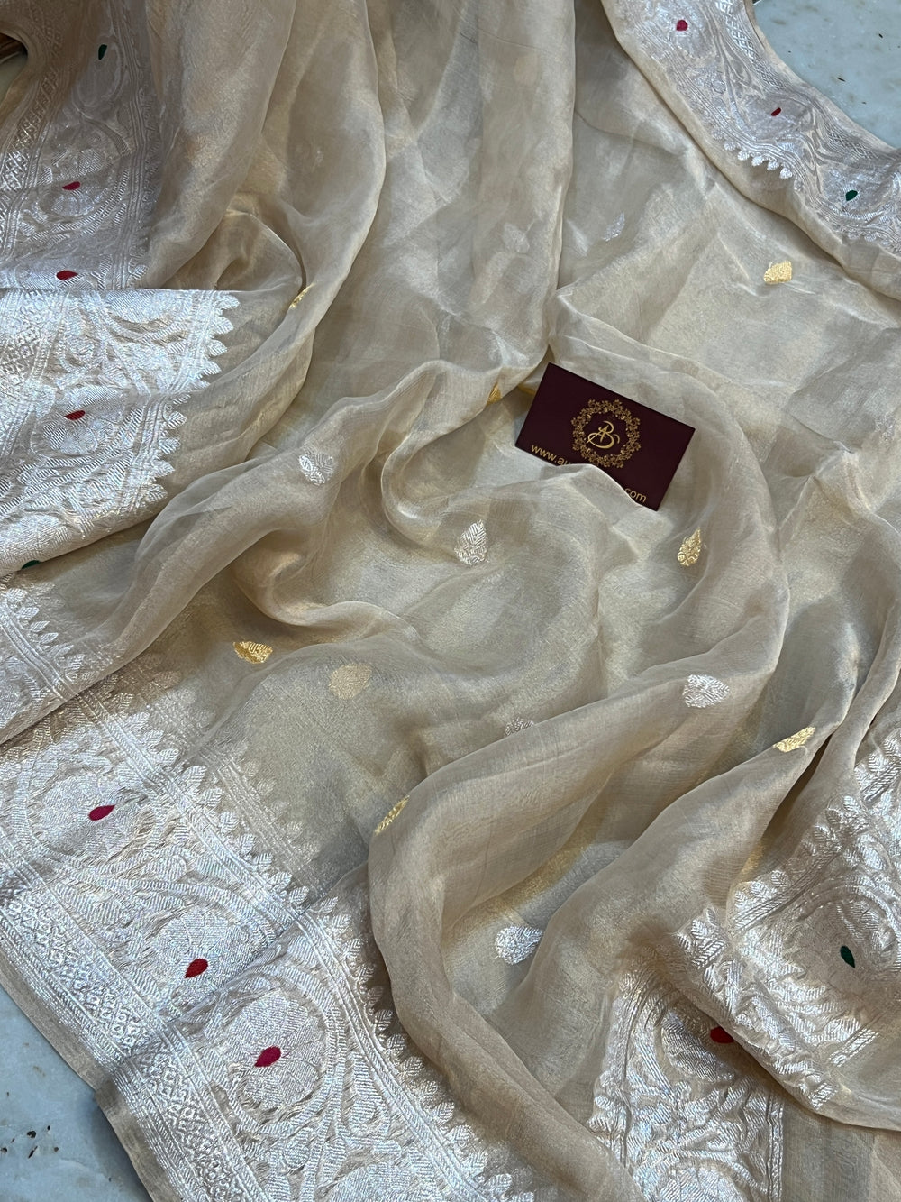 Beige Chiffon Tissue Silk Banarasi Saree with Sona Rupa