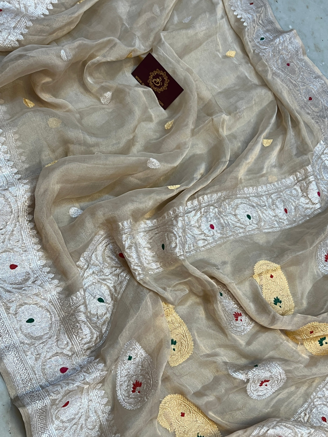 Beige Chiffon Tissue Silk Banarasi Saree with Sona Rupa