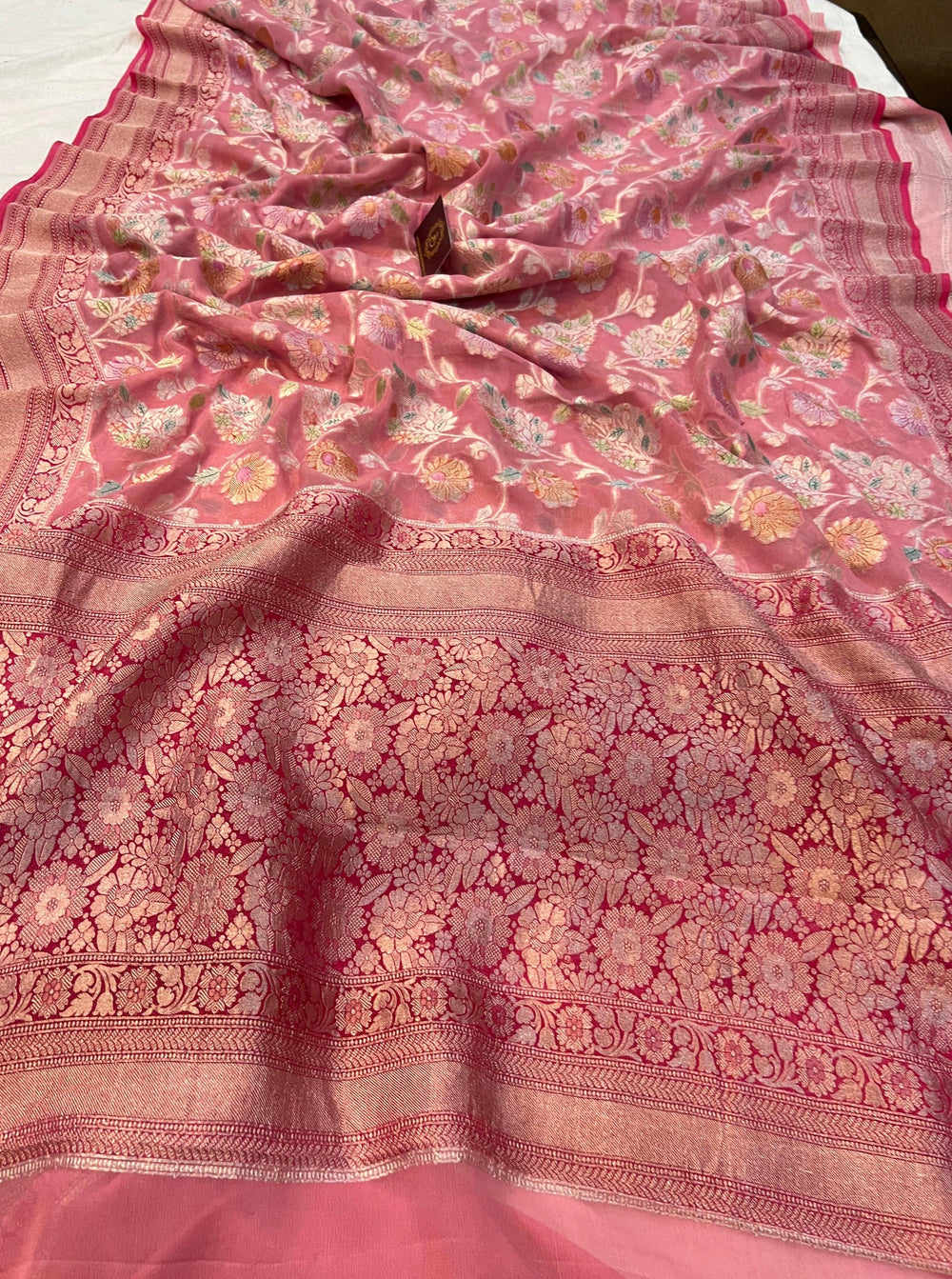 Strawberry Pink Rangkaat Banarasi Khaddi Georgette Saree - Aura Benaras