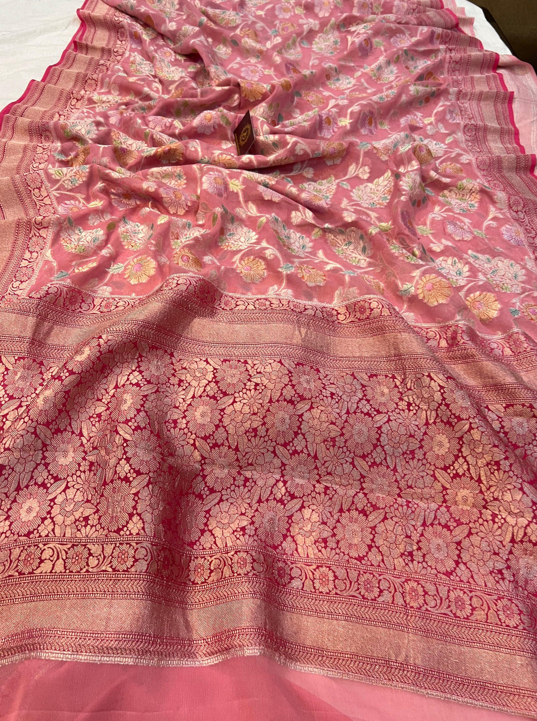 Strawberry Pink Rangkaat Banarasi Khaddi Georgette Saree - Aura Benaras