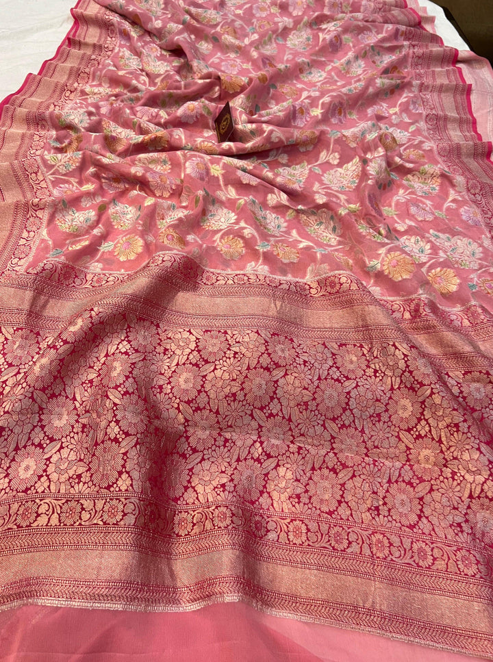 Strawberry Pink Rangkaat Banarasi Khaddi Georgette Saree - Aura Benaras