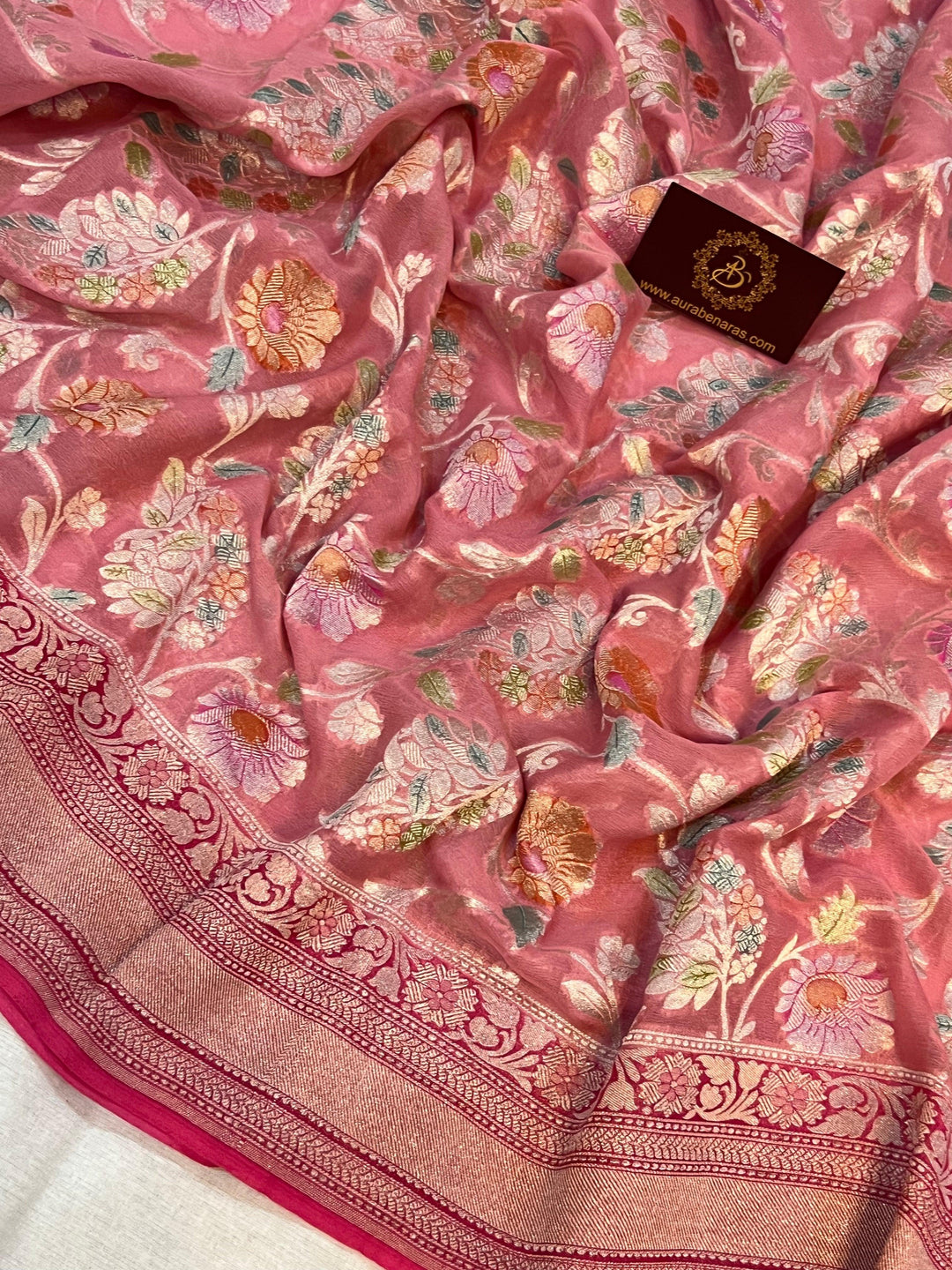 Strawberry Pink Rangkaat Banarasi Khaddi Georgette Saree - Aura Benaras