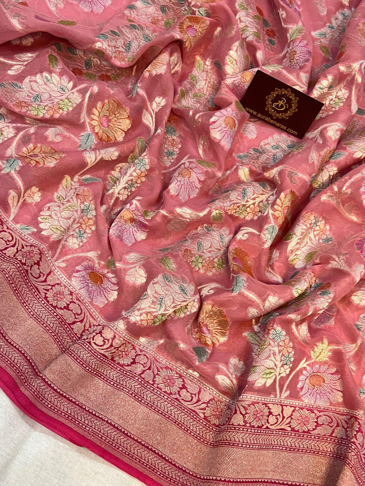 Strawberry Pink Rangkaat Banarasi Khaddi Georgette Saree - Aura Benaras