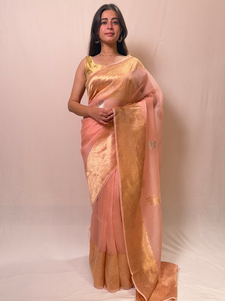 Peach Banarasi Kora Organza Sari with Gold Zari Work