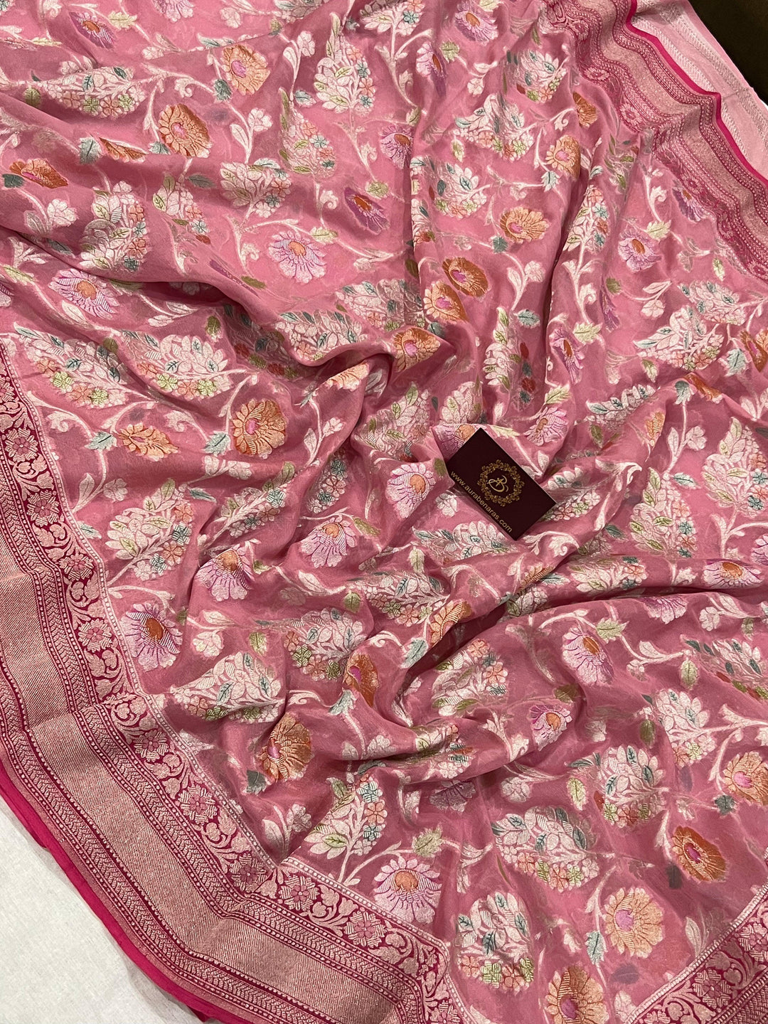 Strawberry Pink Rangkaat Banarasi Khaddi Georgette Saree - Aura Benaras