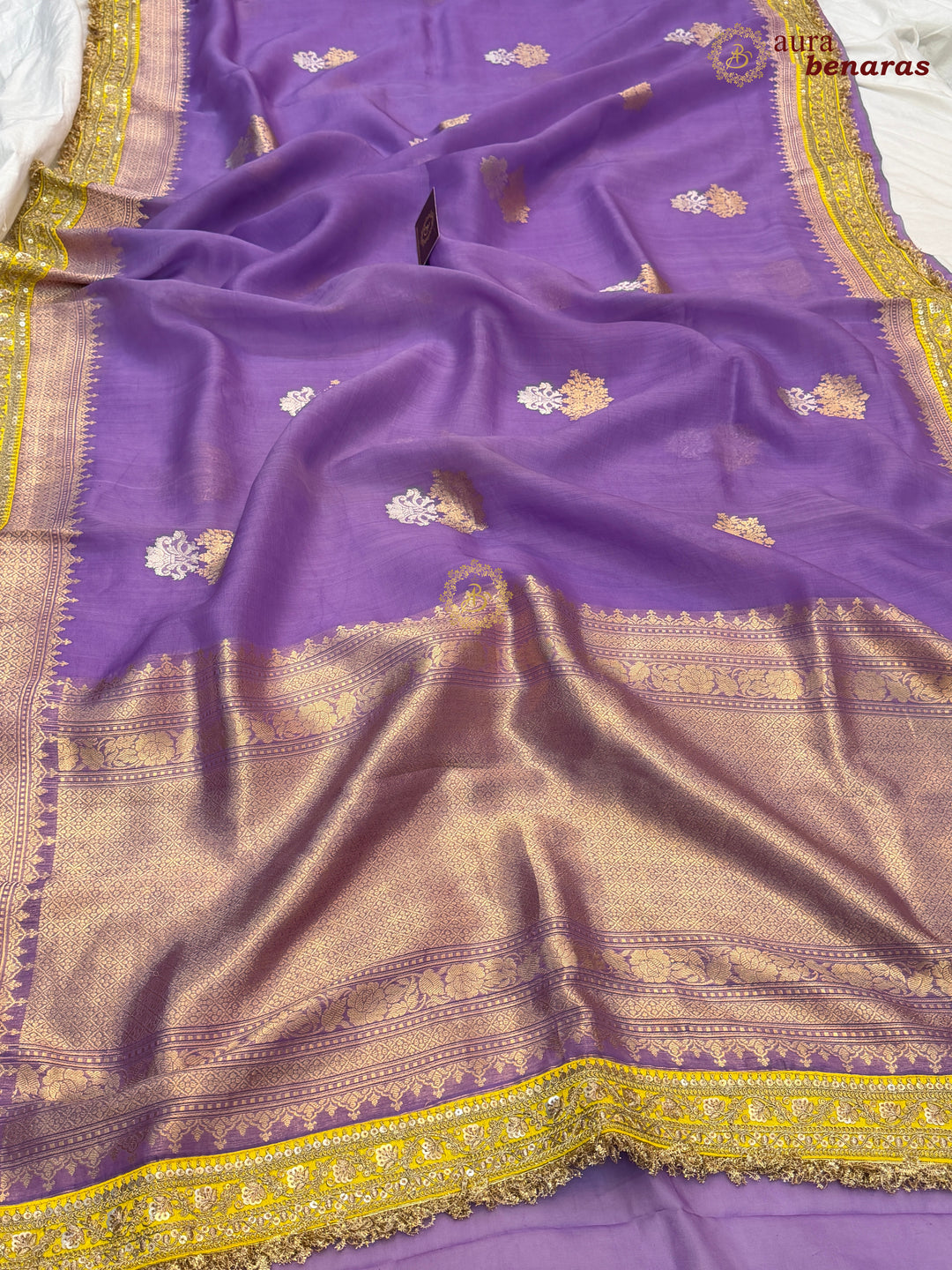Lavender Banarasi Handloom Kora Silk Saree - Aura Benaras
