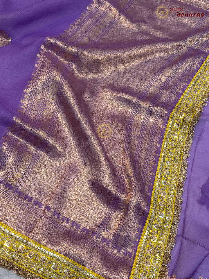Lavender Banarasi Handloom Kora Silk Saree - Aura Benaras
