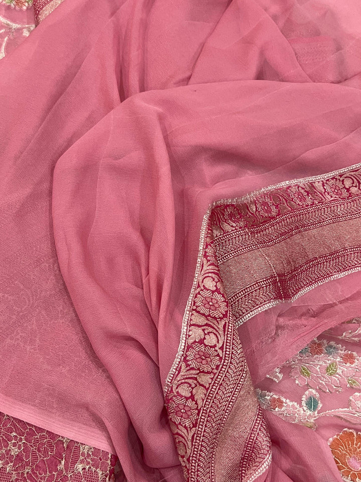 Strawberry Pink Rangkaat Banarasi Khaddi Georgette Saree - Aura Benaras
