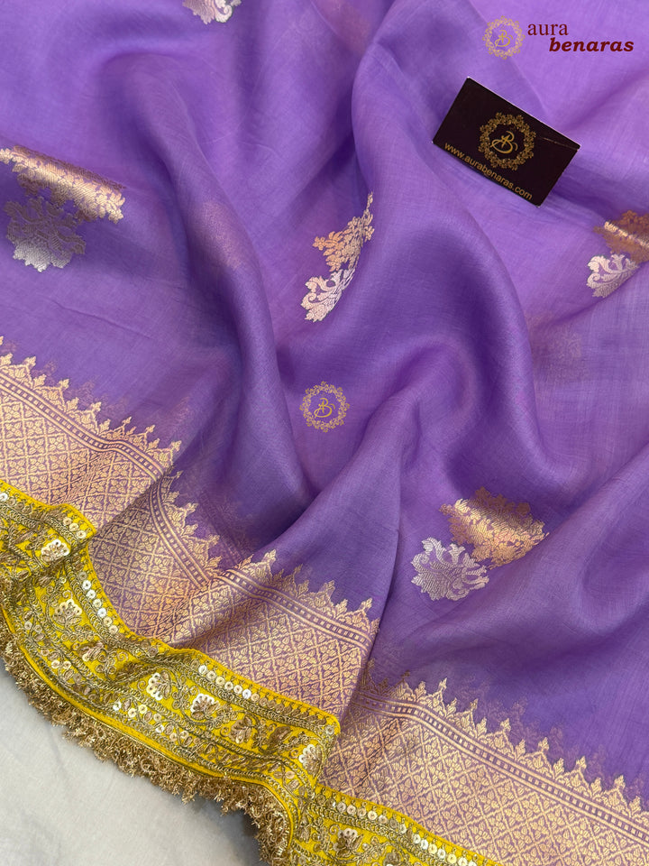 Lavender Banarasi Handloom Kora Silk Saree - Aura Benaras