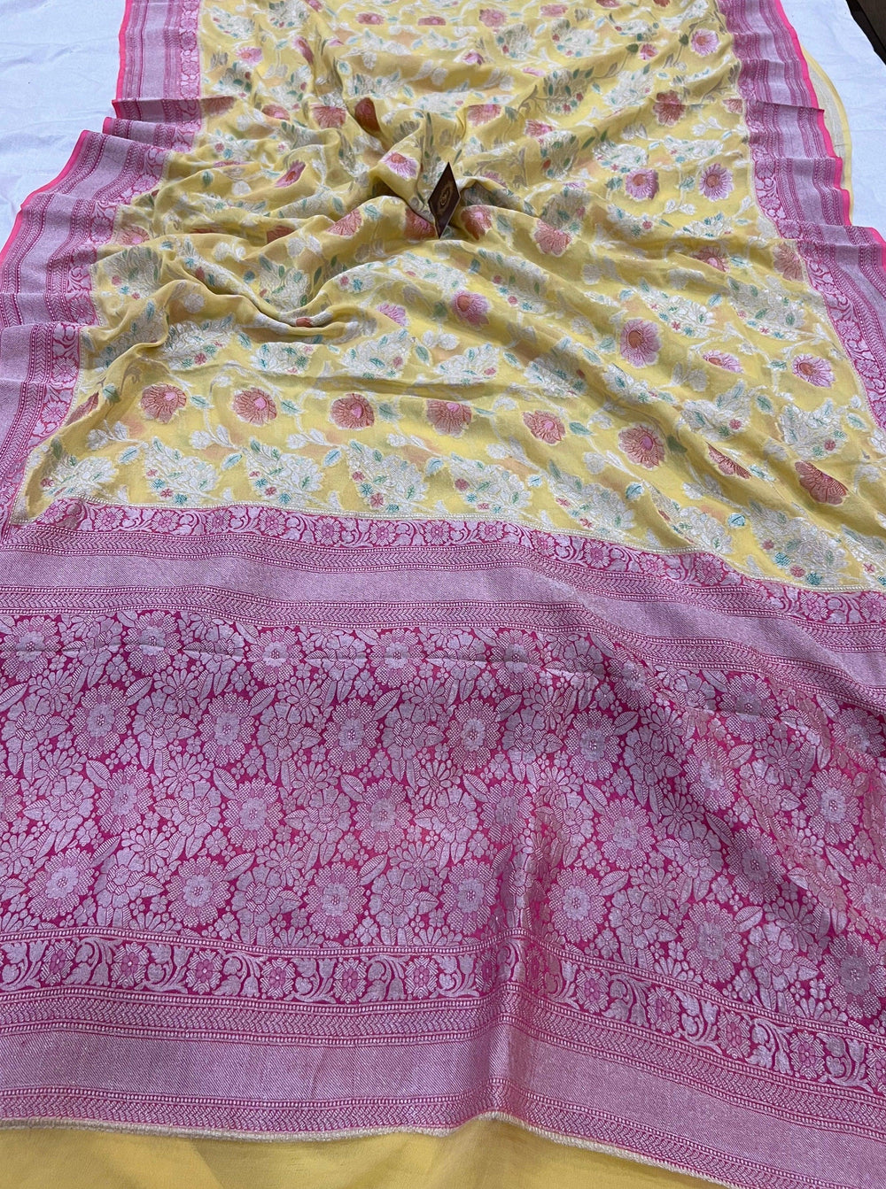 Lemon Yellow Rangkaat Banarasi Khaddi Georgette Saree - Aura Benaras