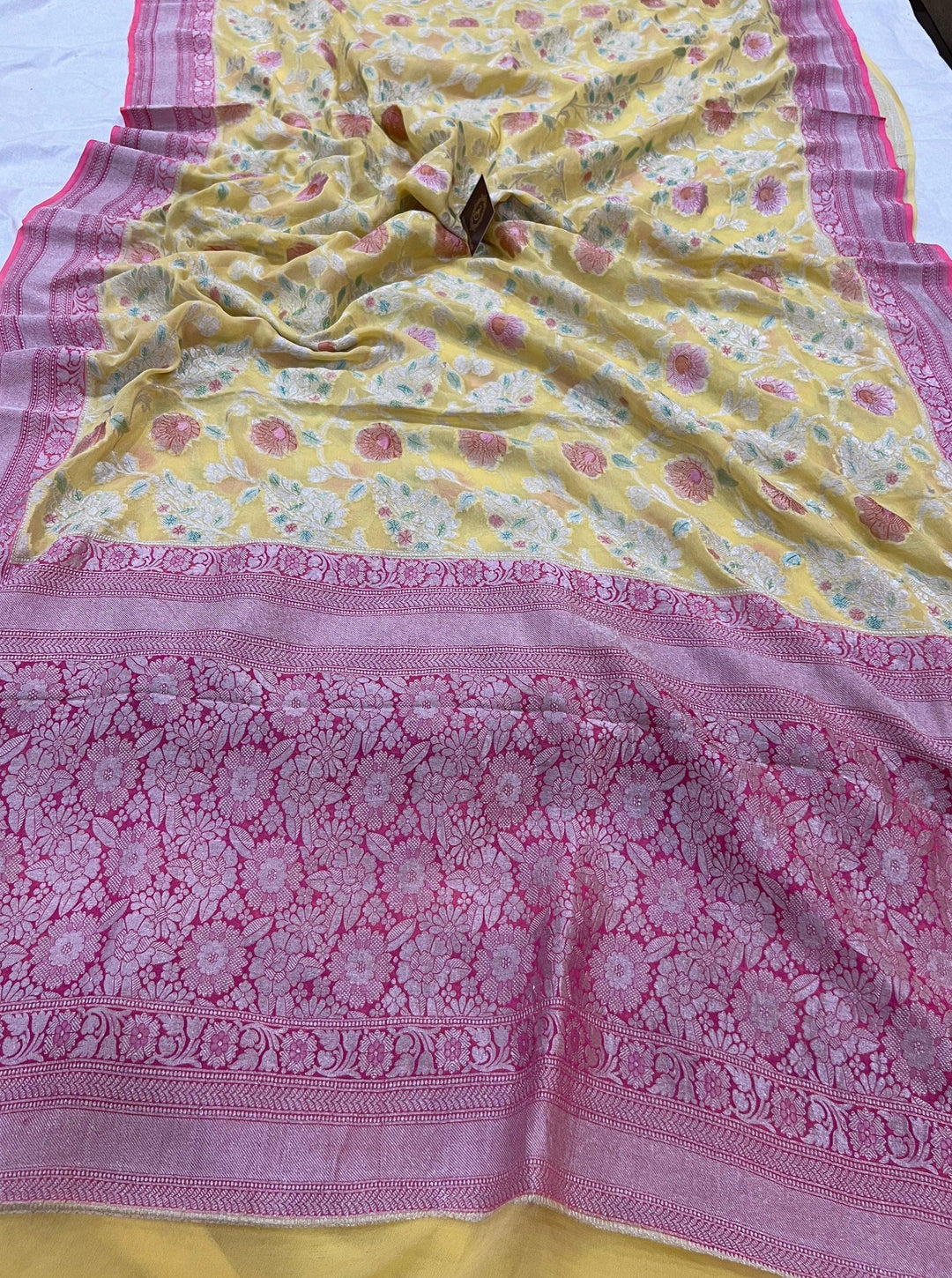 Lemon Yellow Rangkaat Banarasi Khaddi Georgette Saree - Aura Benaras