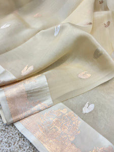 Cream Banarasi Handloom Kora Silk Saree - Aura Benaras