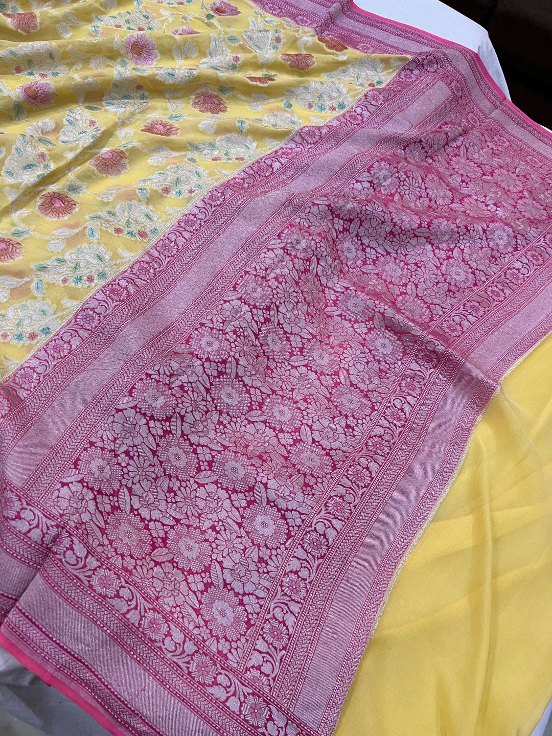 Lemon Yellow Rangkaat Banarasi Khaddi Georgette Saree - Aura Benaras