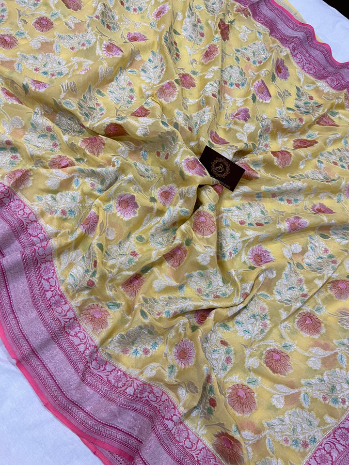 Lemon Yellow Rangkaat Banarasi Khaddi Georgette Saree - Aura Benaras