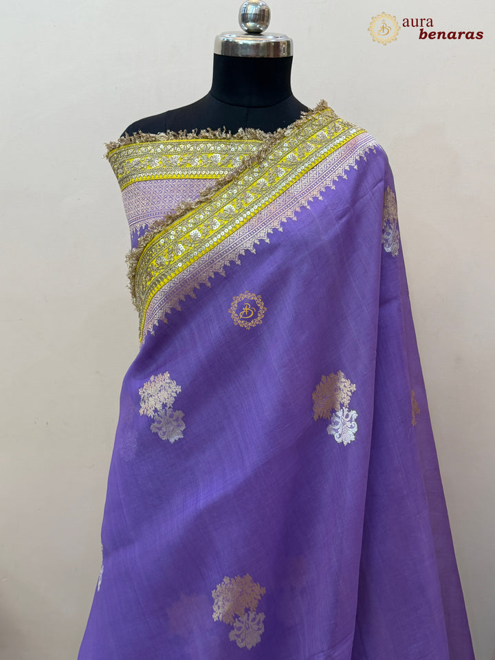 Lavender Banarasi Handloom Kora Silk Saree - Aura Benaras