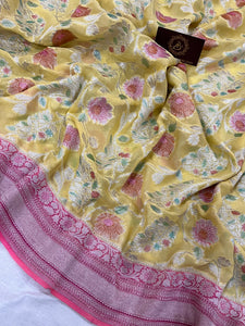 Lemon Yellow Rangkaat Banarasi Khaddi Georgette Saree - Aura Benaras