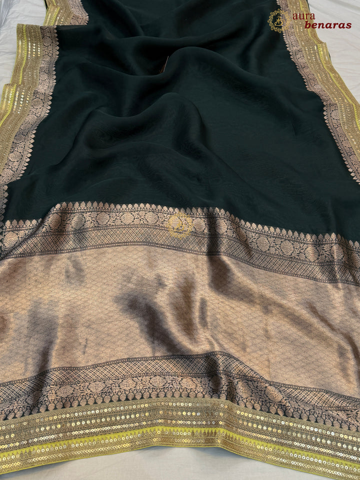 Bottle Green Banarasi Handloom Kora Silk Saree - Aura Benaras