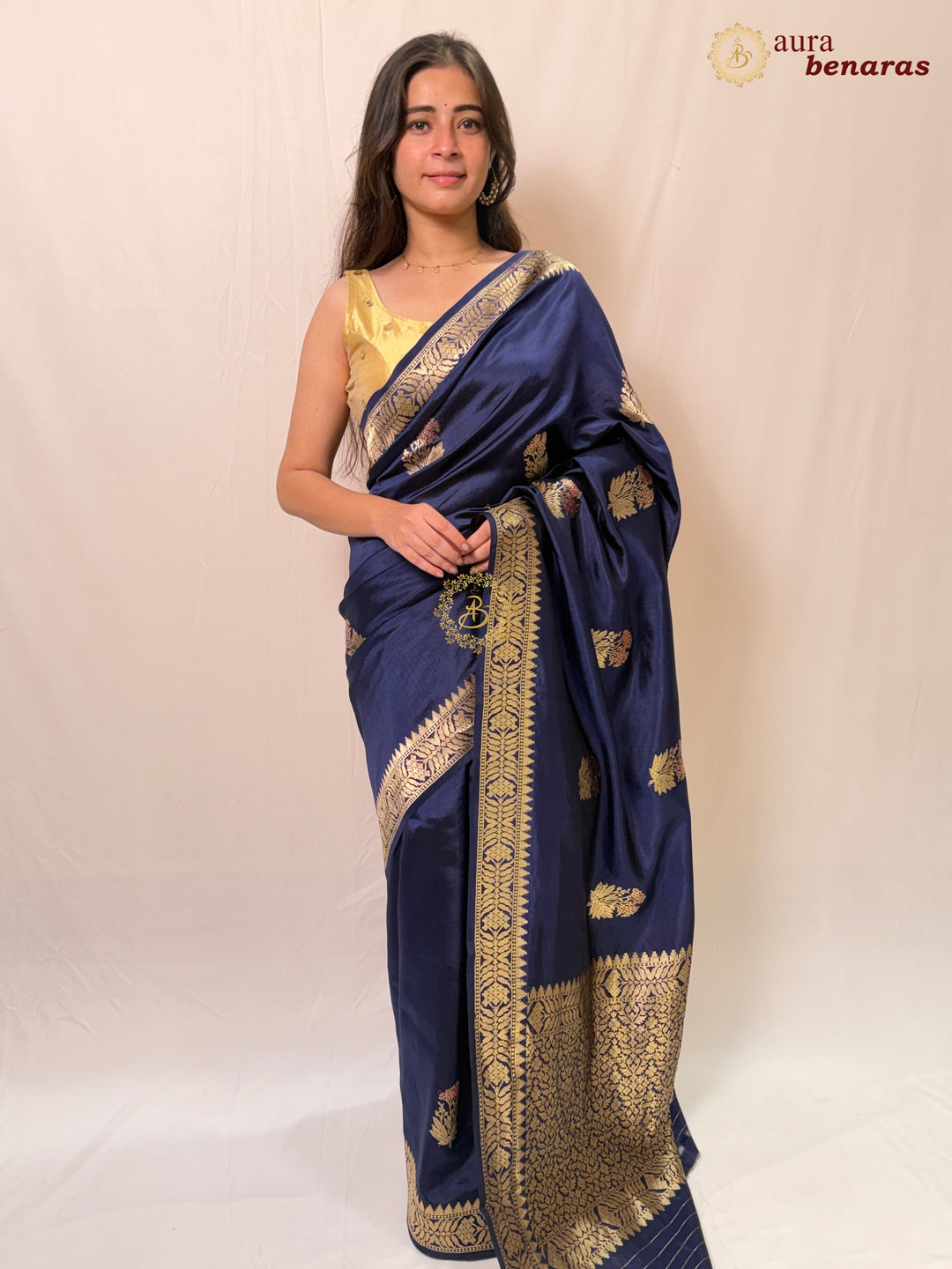 Navy Blue Pure Banarasi Handloom Silk Saree - Aura Benaras