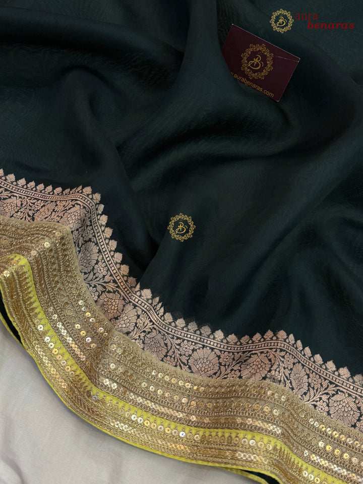Bottle Green Banarasi Handloom Kora Silk Saree - Aura Benaras