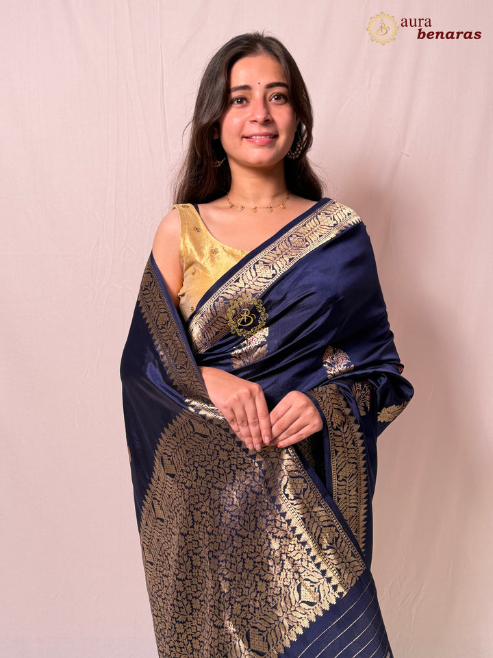 Navy Blue Pure Banarasi Handloom Silk Saree - Aura Benaras