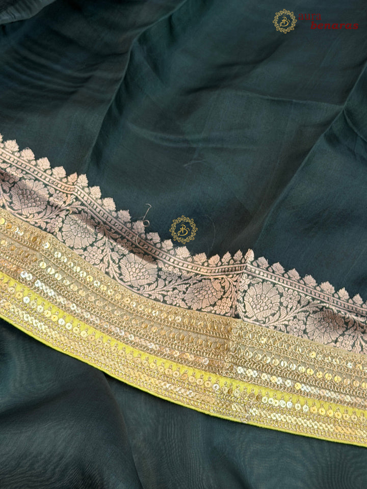 Bottle Green Banarasi Handloom Kora Silk Saree - Aura Benaras