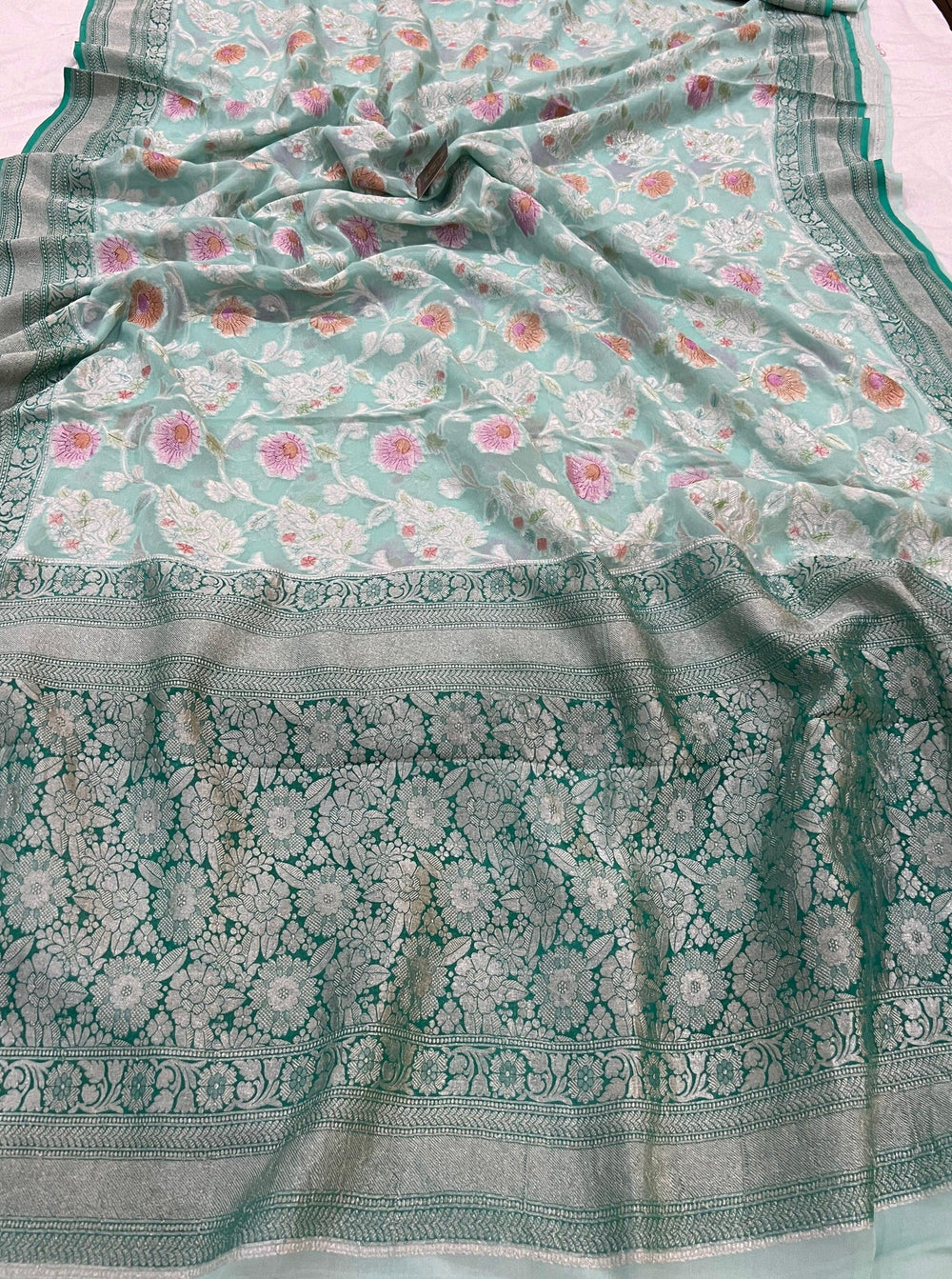 Pastel Blue Rangkaat Banarasi Khaddi Georgette Saree - Aura Benaras