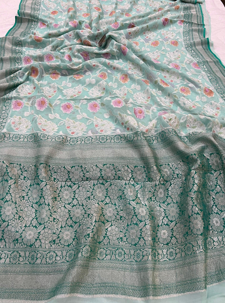 Pastel Blue Rangkaat Banarasi Khaddi Georgette Saree - Aura Benaras