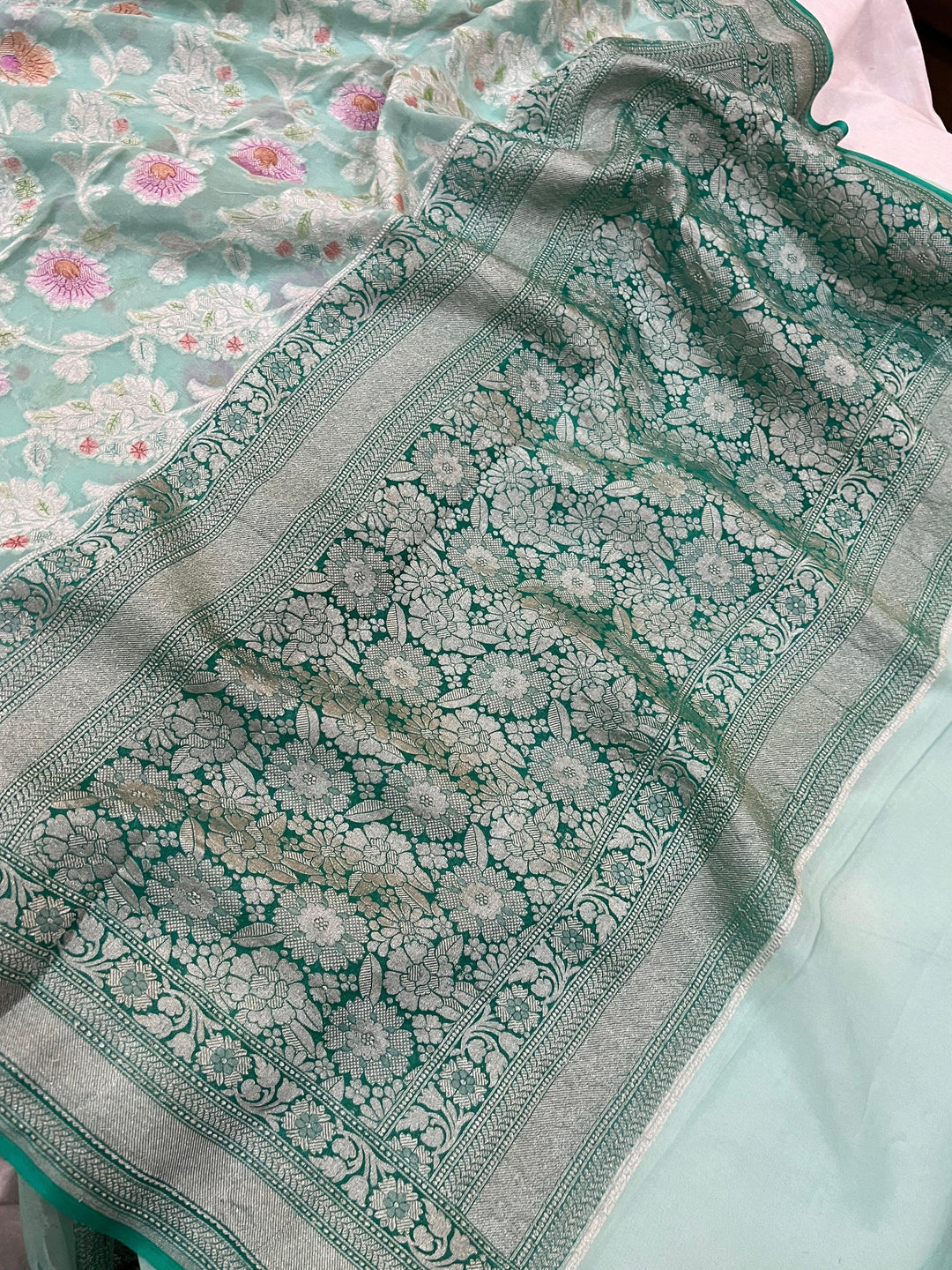 Pastel Blue Rangkaat Banarasi Khaddi Georgette Saree - Aura Benaras