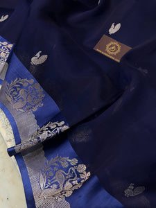 Navy Blue Banarasi Handloom Kora Silk Saree