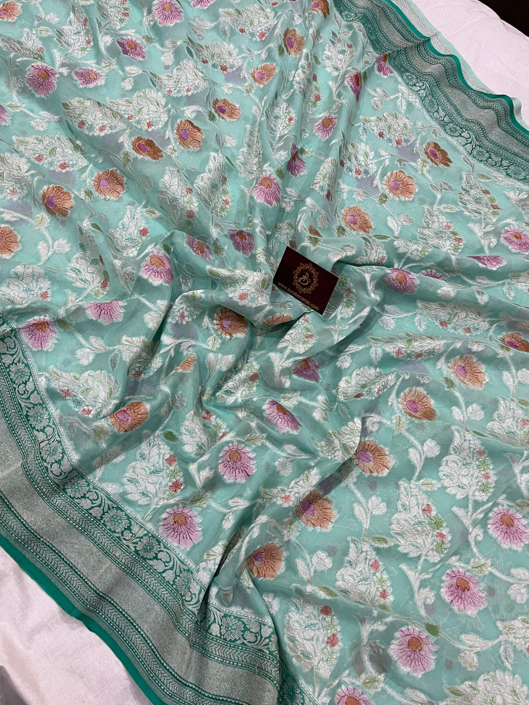 Pastel Blue Rangkaat Banarasi Khaddi Georgette Saree - Aura Benaras
