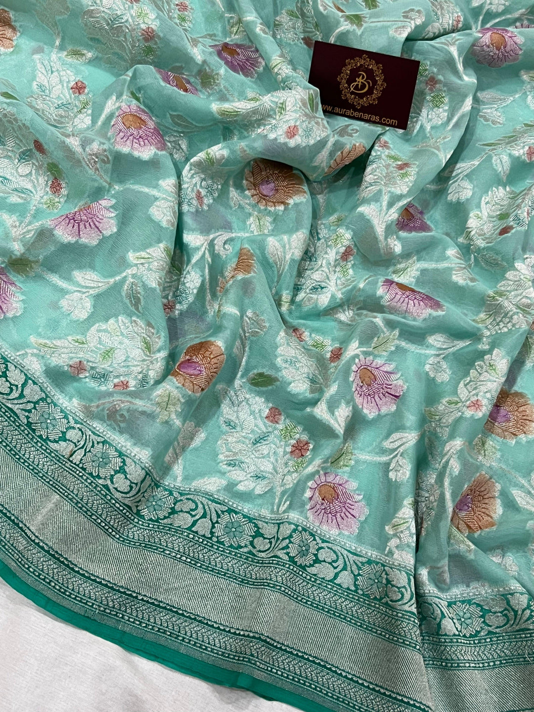 Pastel Blue Rangkaat Banarasi Khaddi Georgette Saree - Aura Benaras