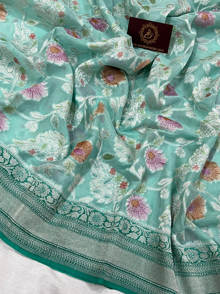 Pastel Blue Rangkaat Banarasi Khaddi Georgette Saree - Aura Benaras