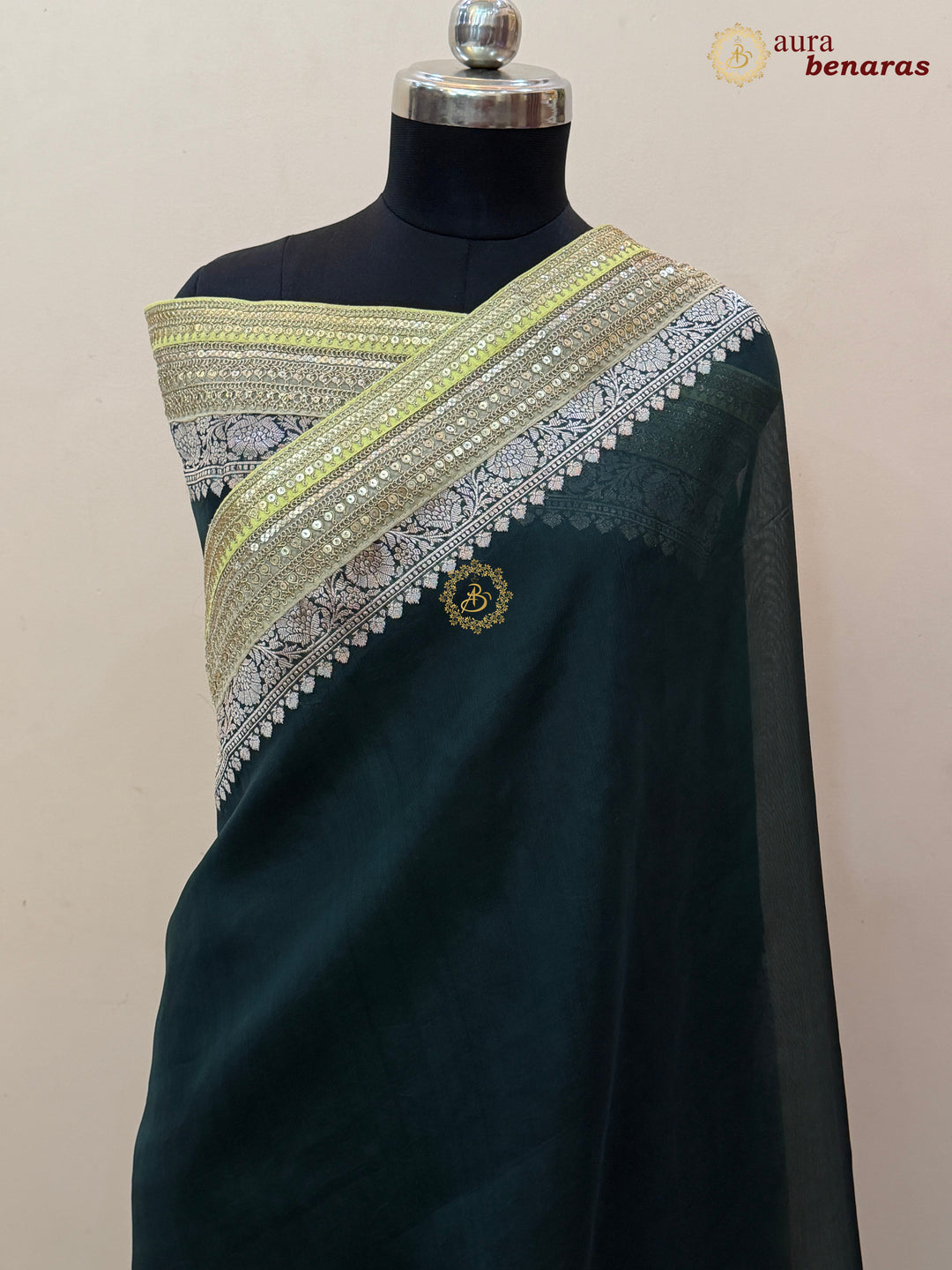 Bottle Green Banarasi Handloom Kora Silk Saree - Aura Benaras