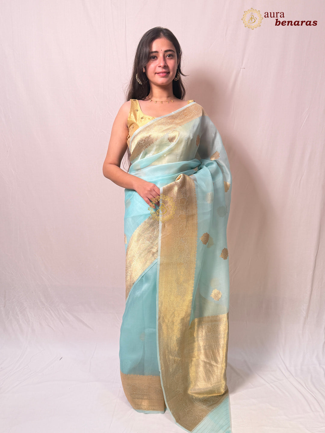 Sky Blue Banarasi Kora Organza Sari with Gold Zari Work
