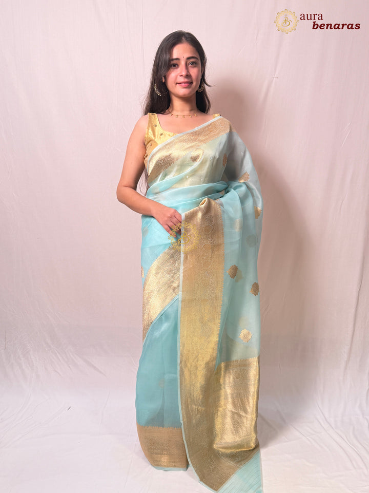 Sky Blue Banarasi Kora Organza Sari with Gold Zari Work
